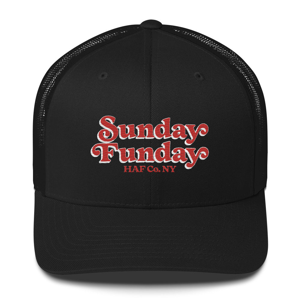 Sunday Funday Mid Profile Trucker Hat White Outline