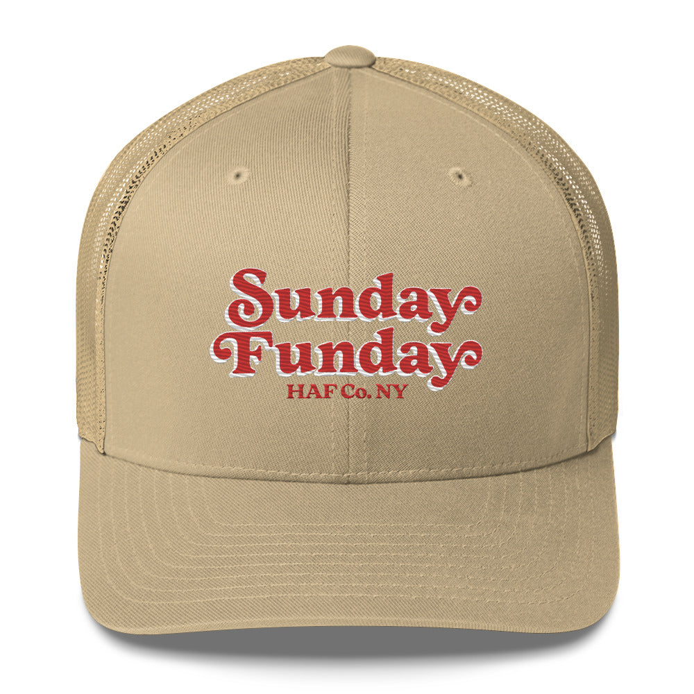 Sunday Funday Mid Profile Trucker Hat White Outline